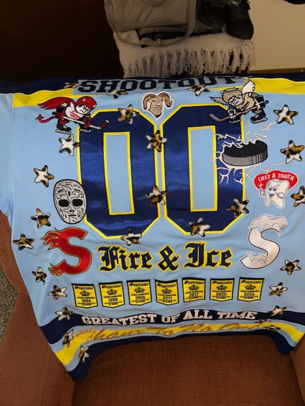 Supreme Patches Hockey Jersey Light Blue/Navy/Yellow (Fire & Ice) Size XL Brand…